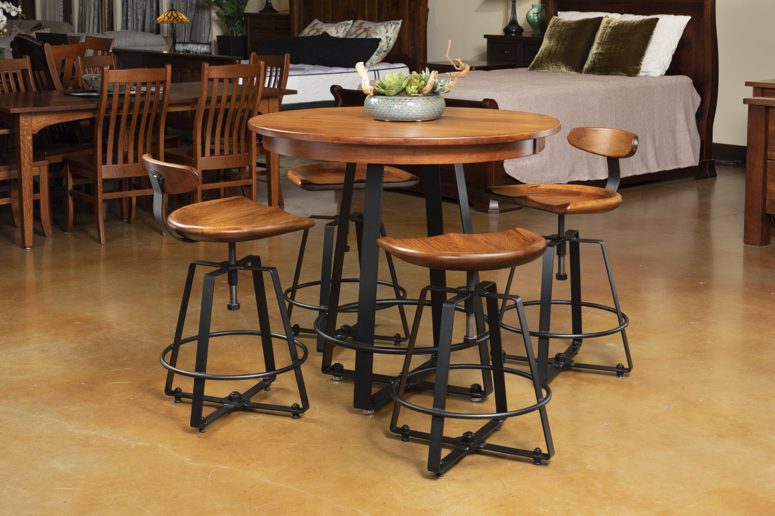 Pub Table with Iron Base and Wood Top with Barstools