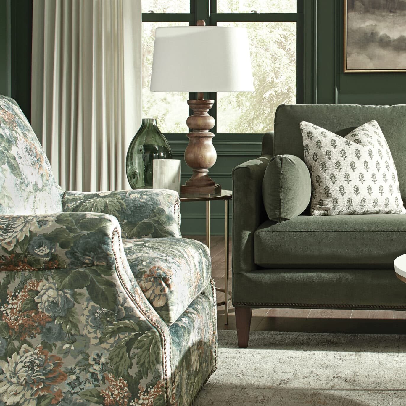 Green Sofa with Floral Chair