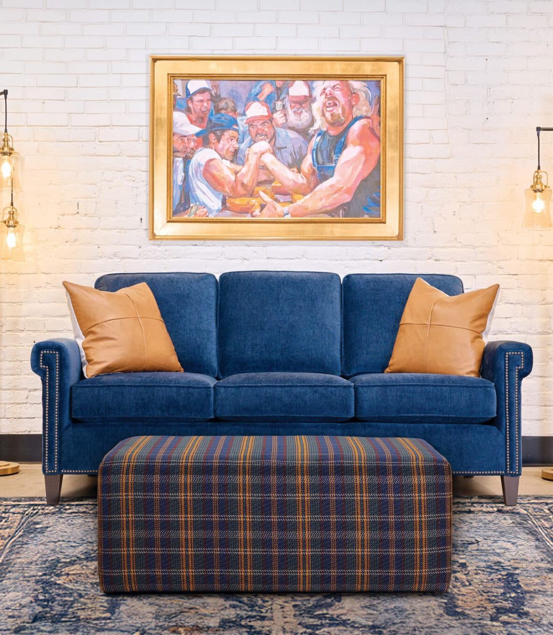 Blue Sofa with Plaid Ottoman