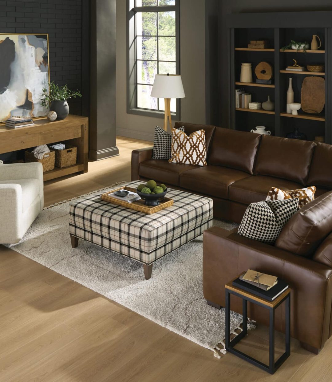 Leather Sectional with Fabric Chair and Ottoman