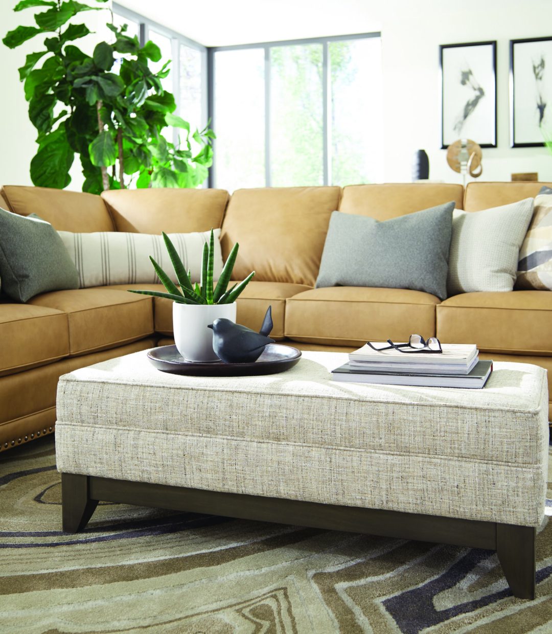 Smith Brothers 393 Leather Sectional with Fabric Ottoman