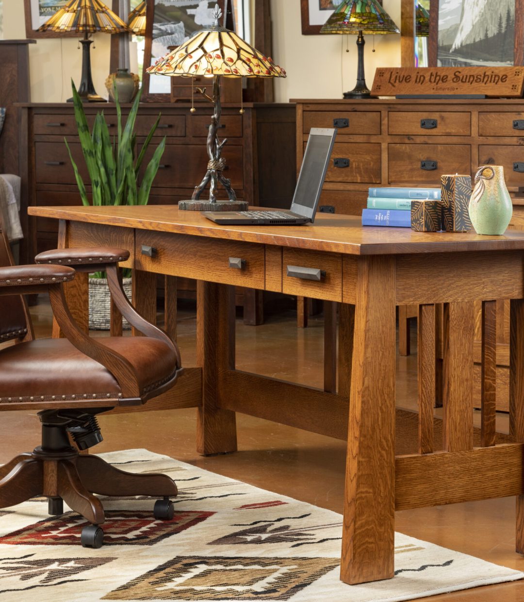 Mission Style Office Desk with Leather Desk Chair